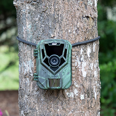 COLEMAN<sup>&reg;</sup> Xtreme Trail Game Camera - This energy efficient trail camera features 1080p video output, 20MP photo resolution and an 80° field of View. Housed in a durable, waterproof casing are 22 hi-intensity Infrared LED's, and an infrared motion sensor with a 90° PIR angle and up to 65' range. With a 32GB capacity SD storage slot you can capture hours of video and hundreds of pictures. The 2" Color LCD Screen, 0.4 second trigger time and up to 180 days standby time make this model a superb performer, day or night. Includes 4xAA Batteries, USB Cable, mounting accessories and manual.