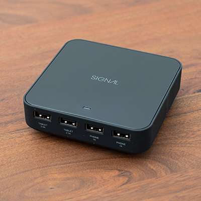 SIGNAL™ Power Station 4 - Charge up to four USB devices simultaneously with this stylish, compact battery charger.  Features two, 1 Amp USB ports for most smartphones and accessories, one 2.1 Amp USB port for most tablets and large smartphones, and one 2.4 Amp USB port for higher amperage devices. Measures: 4&quot; x 4&quot;.